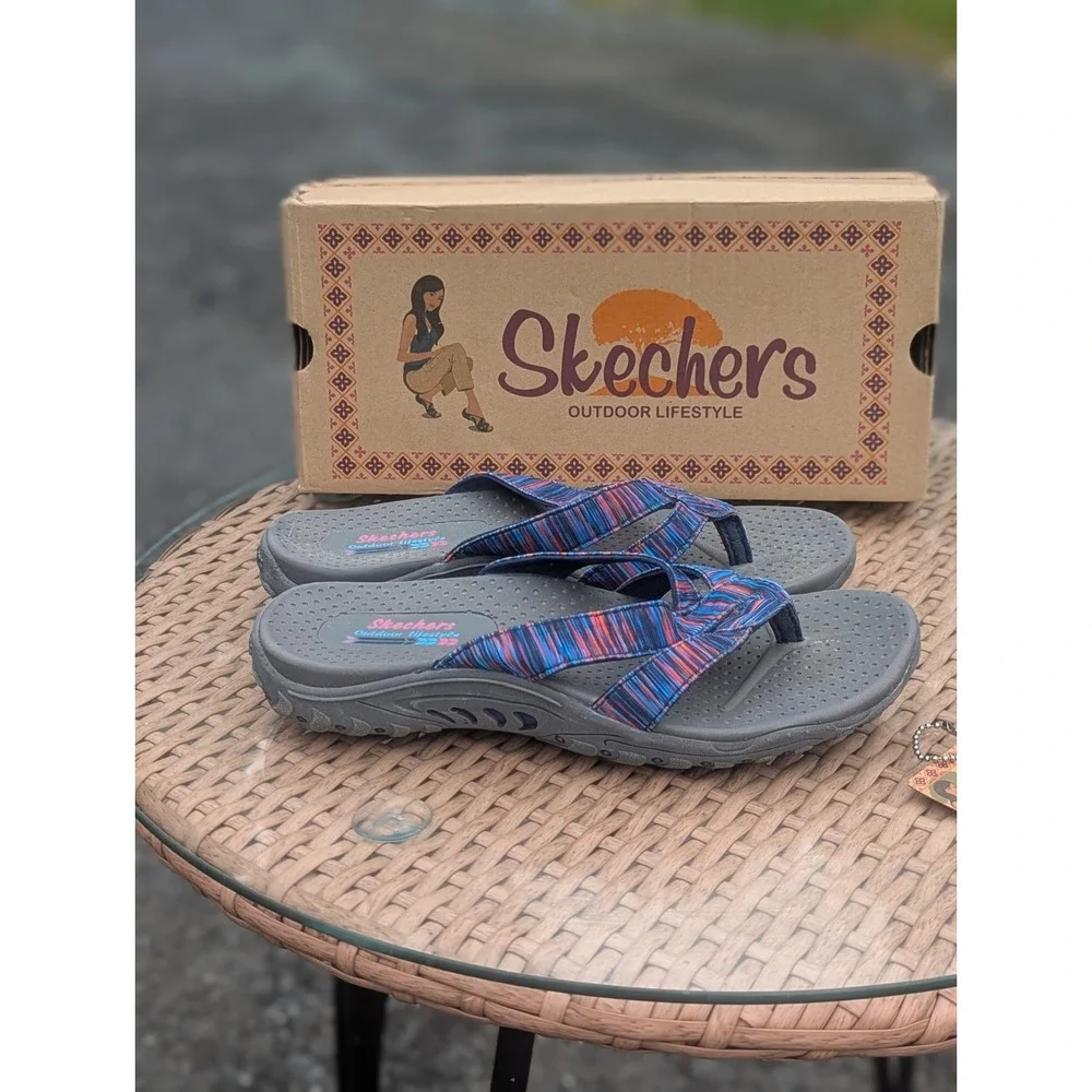 Y2K Sporty Outdoor Skechers Reggae Sandals Striped Thong Slides Womens Size 6